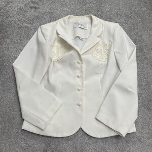 ILGWU Vintage Unlined Blazer Jacket Womens Small Ivory Button Up Embroidered
